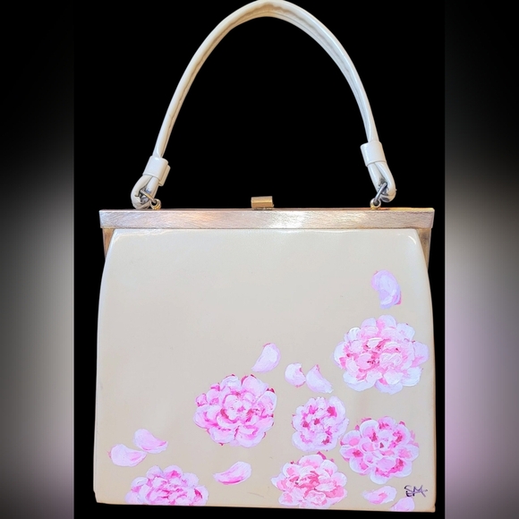 Vintage Patent Purse With Hand Painted Cherry Blossoms Signed "SM" - Picture 1 of 16